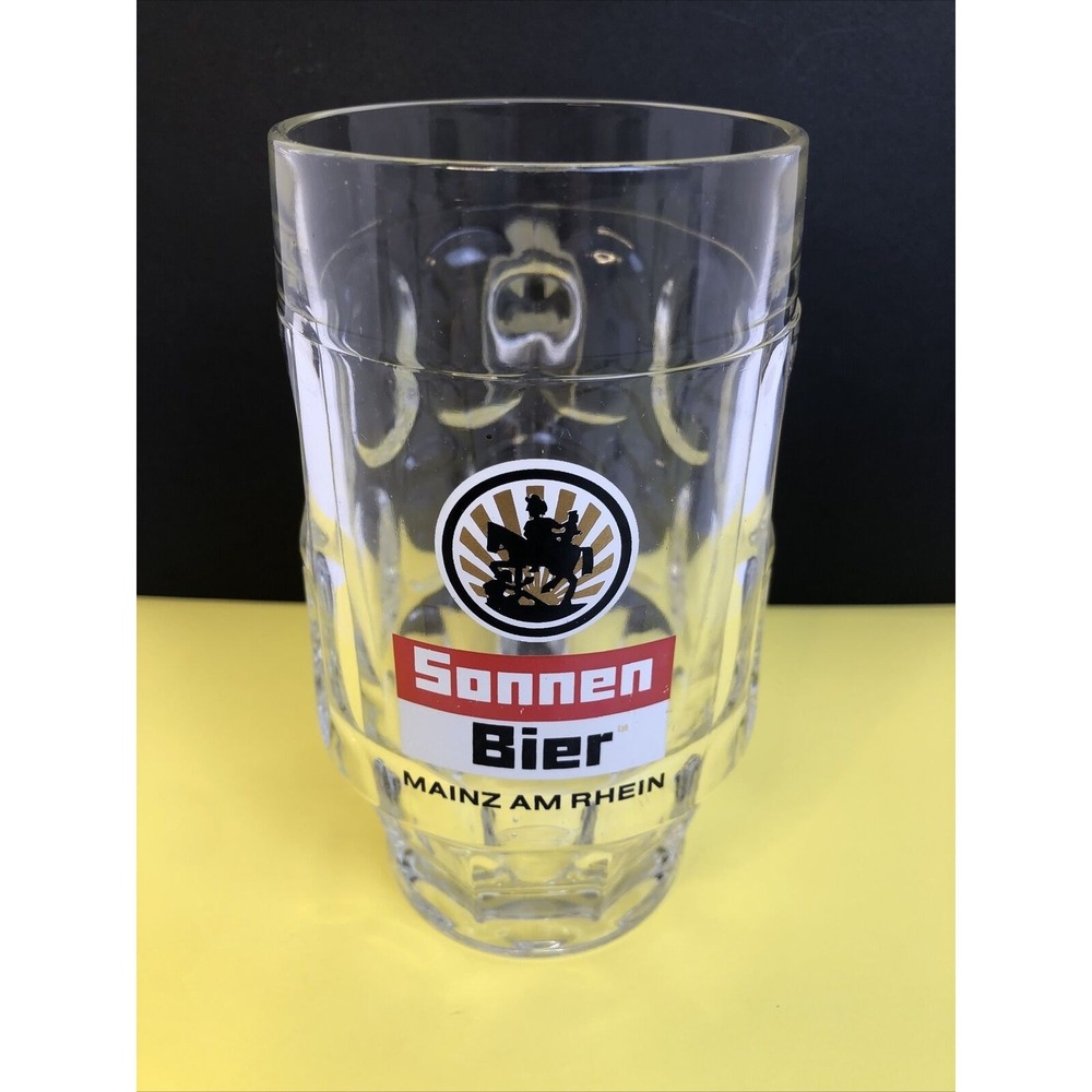 Beer Mug Glass Stein Germany .4 L Sonnen Bier VTG 6" Tall Barware Rhein Mancave